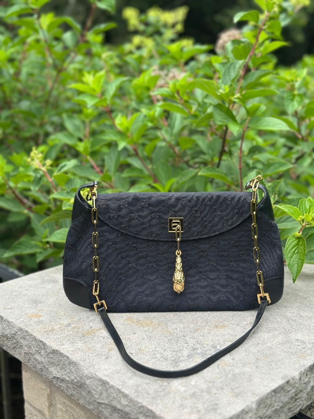 Handbag, Gucci by Tom Ford Black with Gold Tiger Charm